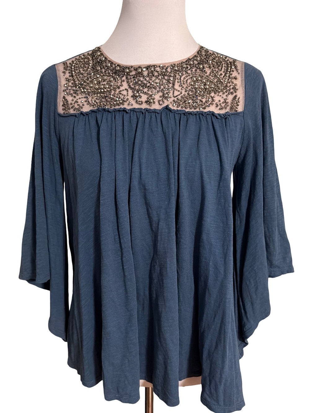 Anthropologie Blue Beaded Yoke Top